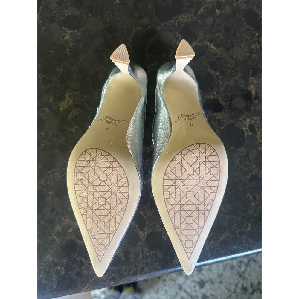 Jewel Badgley Mischka Silver Metallic Pointed Toe Crystal Buckle Mules Heels 6 - Picture 7 of 8